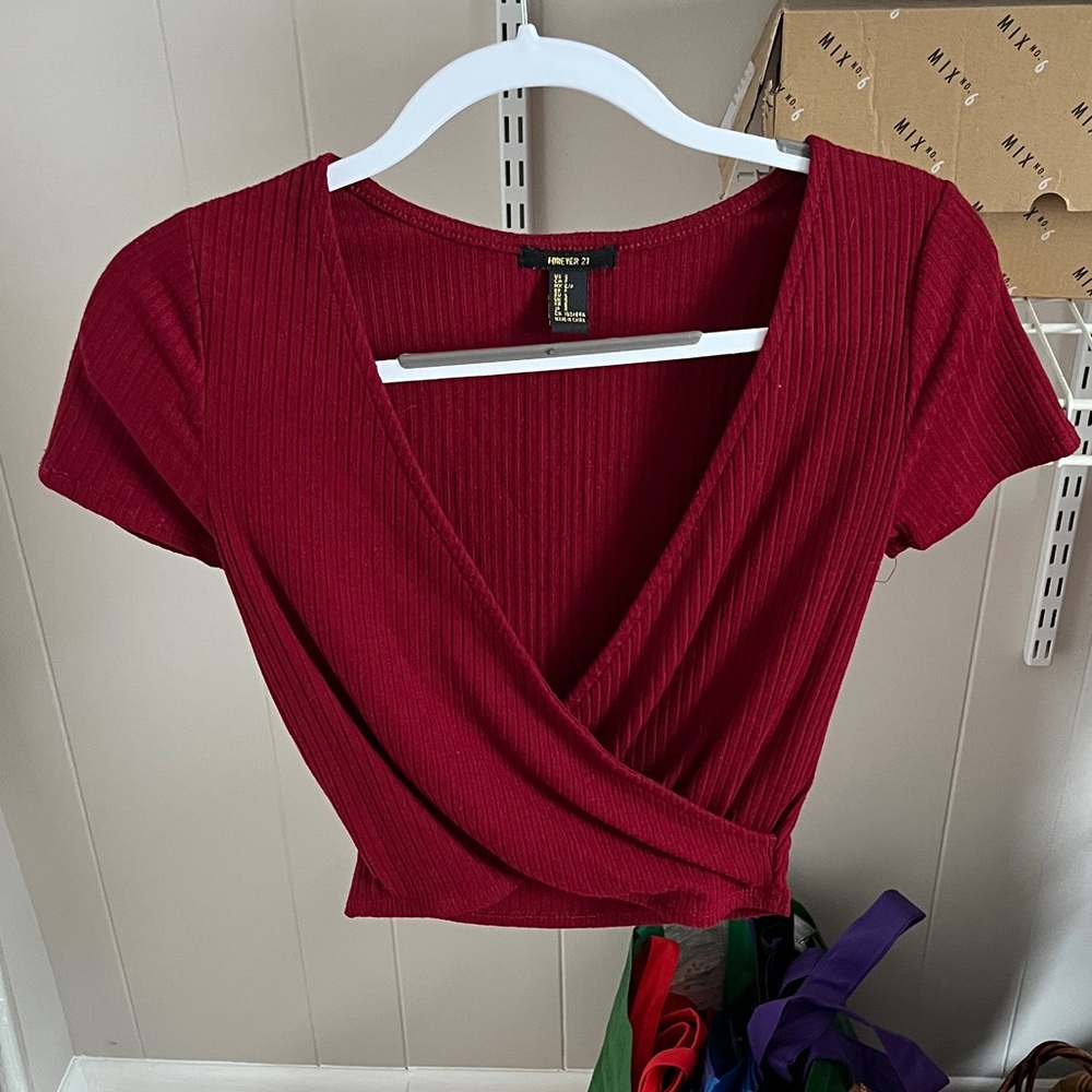 Forever 21 Deep Red Ribbed Wrap Blouse